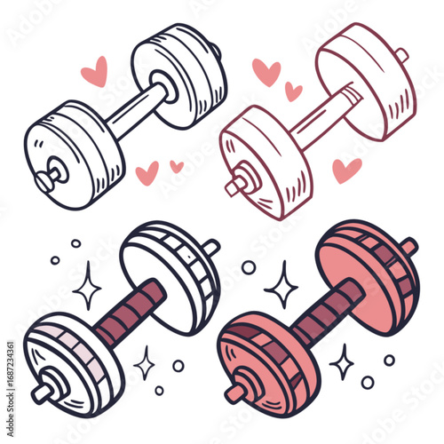 Hand-Drawn Isometric Dumbbells: Fitness Icons in Black White and Pink.
