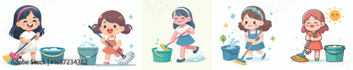 vector of a little girl mopping