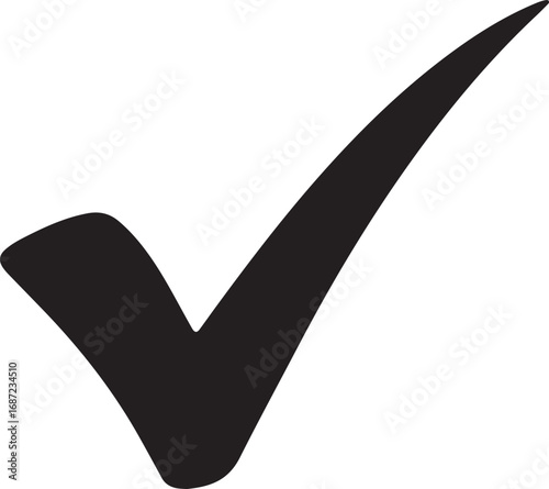 A bold black check mark symbol on a white background representing completion success and agreement in a simple graphic design