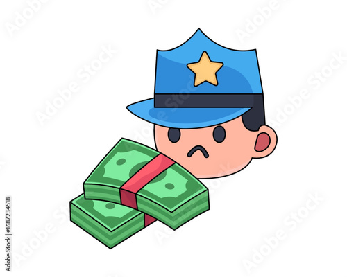 Police Officer with Stacks of Money Illustration of Corruption or Bribery
