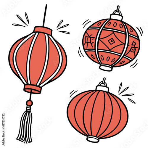 A charming hand-drawn set of three glowing red Chinese lanterns with festive tassels and traditional patterns.
