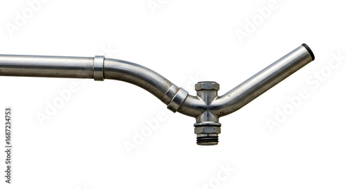 FARMING - Close-up of a stainless steel Y-shaped pipe fitting with valve, industrial plumbing component perfect for construction and mechanical engineering projects