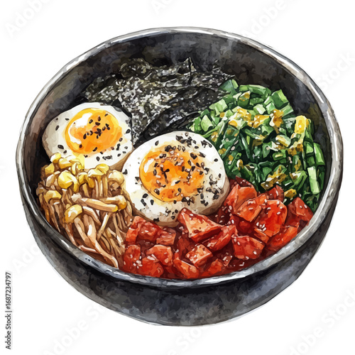 watercolor vector of Bibimbap, isolated on a white background.