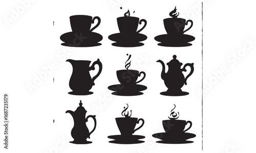 Tea cups and teapots silhouettes in black