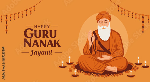 Guru Nanak celebrating Jayanti with candles and decorations for cultural celebrations and religious observations of Sikhs 