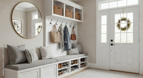A welcoming entryway (mudroom) with built-in bench storage for shoes, decorative hooks for coats and bags, and a large round mirror. Practical and stylish