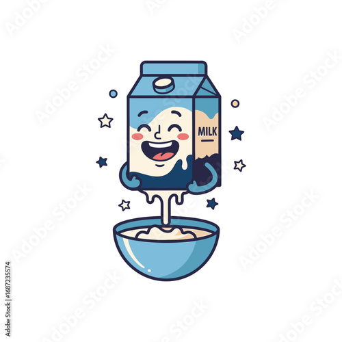 Cute milk carton pouring milk into a bowl of cereal.