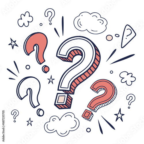 Whimsical Hand-Drawn Question Marks with Red and White Outlines and Shadows.