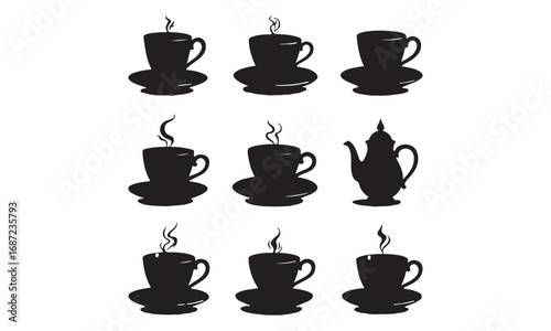 Tea cups and teapots silhouettes in black