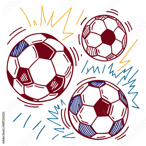 A dynamic sketch illustration of three hand-drawn soccer balls in red and blue.