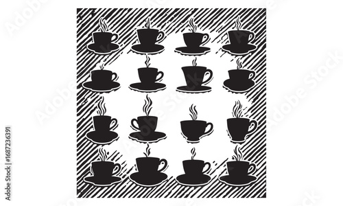 Tea cups and teapots silhouettes in black
