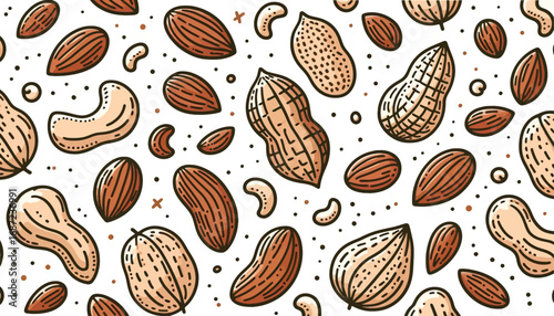 seamless vector background with cashews almonds peanuts