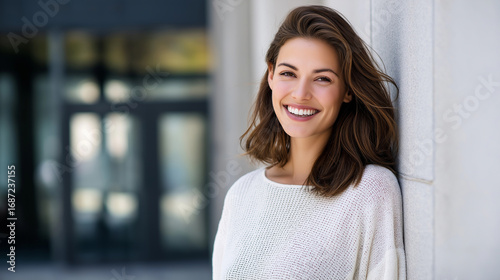 A woman smiles outside, the cheerful scene illuminated by soft light. Woman, building, with copy space Free Download A woman smiles outside, the cheerful scene illuminated by soft light. Woman, building, with copy space - GFXLoad