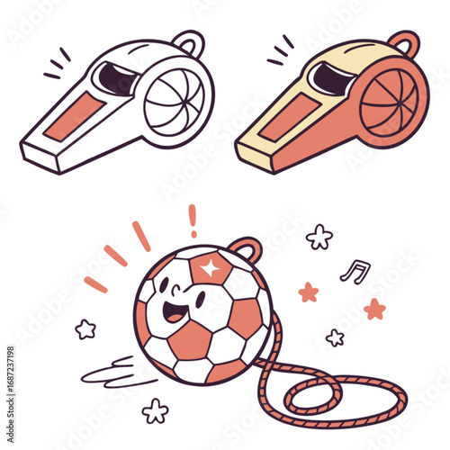 Playful cartoon sports equipment set: two whistles and a smiling soccer ball with rope doodle style.