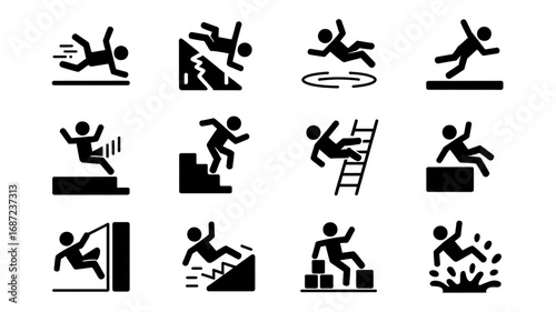A set of 12 black and white safety hazard icons arranged in a 3x4 grid. Each icon shows a stick figure in a dynamic falling or slipping pose.