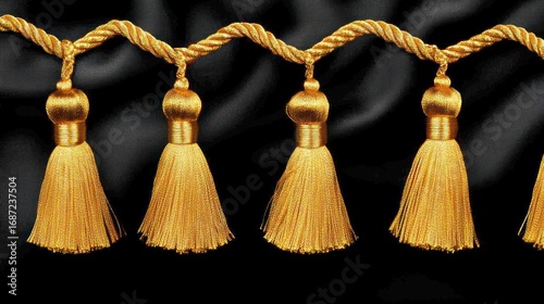 Elegant golden tassels suspended from a braided cord against a black backdrop