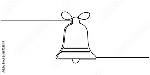 Christmas jingle bells hand draw one single line banner. Christmas jingle bell with ribbon drawn with one continuous line. Vector stock illustration isolated on white background.