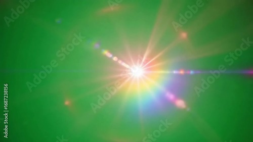 Bright sunburst with colorful lens flare on a vibrant green background
