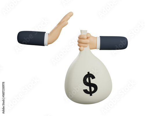 Refusal to Accept Money Illustration of Rejecting a Bag of Dollars with Hand Gesture