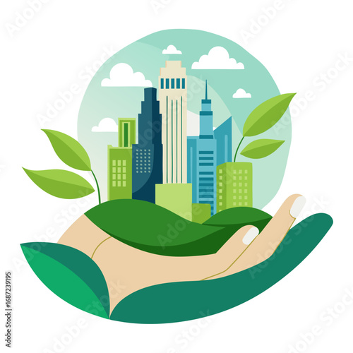 green city skyline with leaves