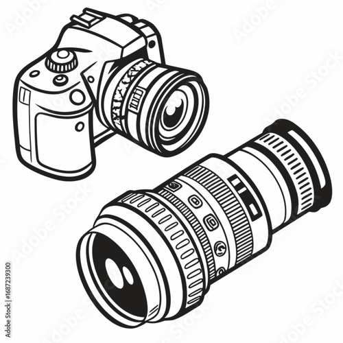 DSLR Camera and Telephoto Lens: Line Art Illustration.