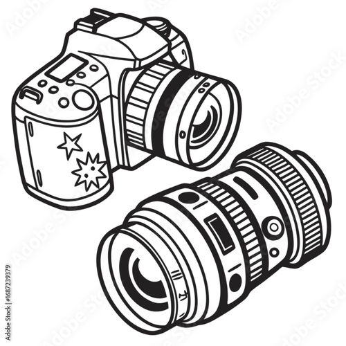 Detailed Black and White Digital SLR Camera and Lens Illustration.
