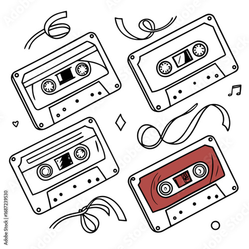 Cassette Tapes Collection: Retro Audio Media with Ribbons and Musical Notes.