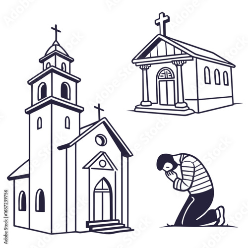 Hand-drawn churches and praying man in striped shirt kneeling with hands clasped.