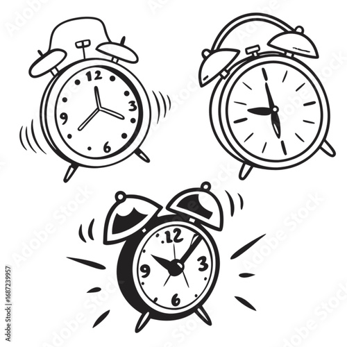 A set of three hand-drawn classic twin-bell alarm clocks ringing and vibrating.