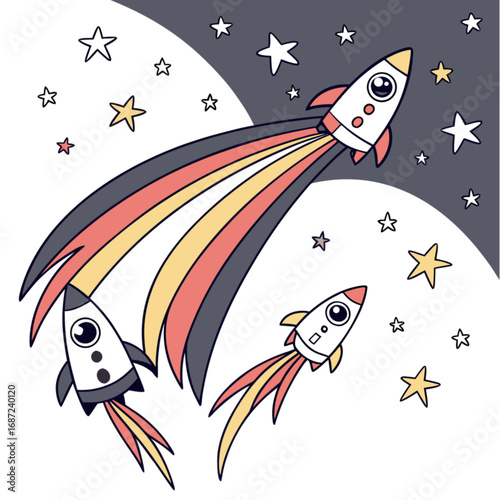 Three stylized cartoon rockets two white one dark with vibrant red yellow black exhaust trails and scattered stars.