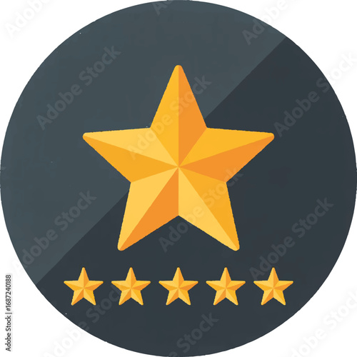 Golden five star rating icon with shadow on dark circular background representing excellence and top quality service