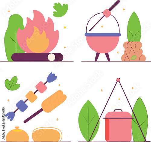 Four charming flat graphics depicting barbecue and campfire scenes for outdoor dining and cooking enjoyment