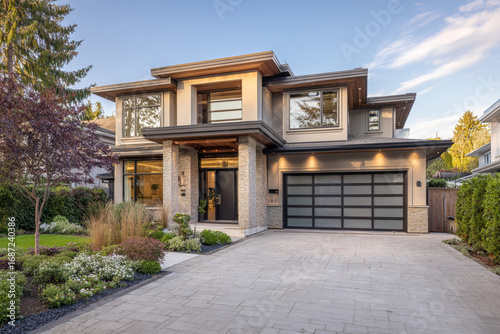 Modern two story house with stone accents landscaped yard and paved driveway at sunset