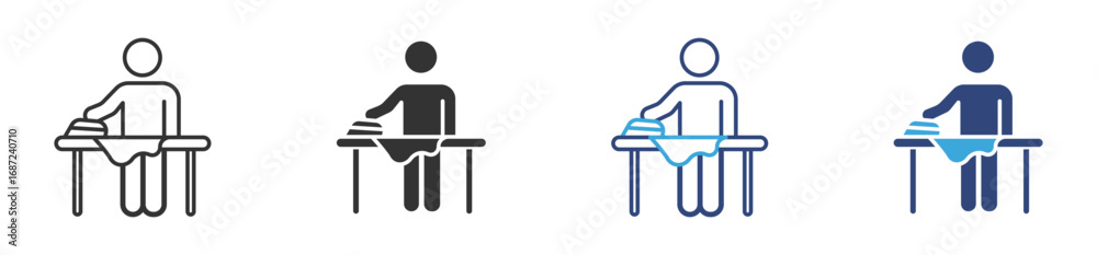 Fototapeta premium Man ironing clothes icon set in outline and flat style , vector illustration. 