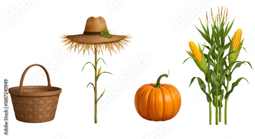 FARMING - Autumn harvest composition with woven basket, scarecrow, pumpkin, and corn stalk on white background, perfect for fall and Thanksgiving themes