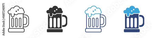 Frothy beer mug icon set in outline and flat style , vector illustration.