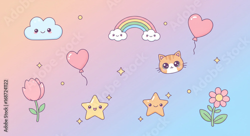 Charming kawaii elements like a cat, rainbow, stars, and flowers create a whimsical, joyful backdrop for your projects.