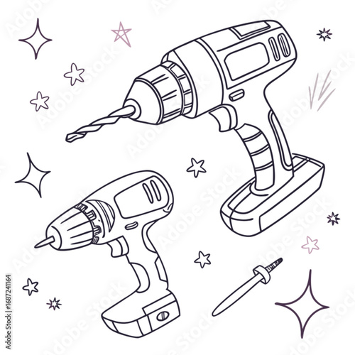 Two cordless electric drills with bits and a screwdriver bit presented in a clean outline style.