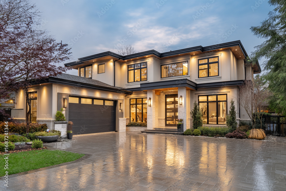 Fototapeta premium Modern luxury home exterior illuminated at dusk showcasing a wet paved driveway landscaping and large windows