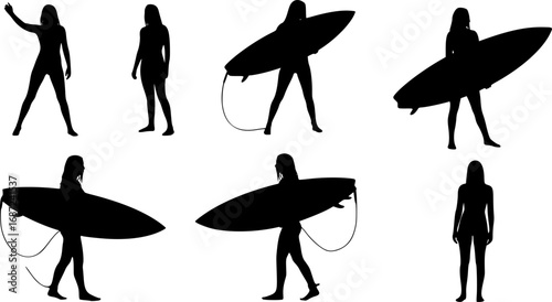 vector set of Female surfer and surfboard silhouette poses, sexy surfer
