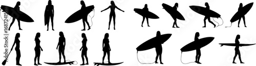 vector set of Female surfer and surfboard silhouette poses, sexy surfer
