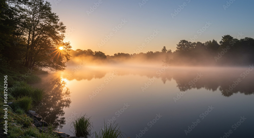 Fototapeta premium Serene misty lake at sunrise with sunbeams breaking through trees and tranquil water reflection