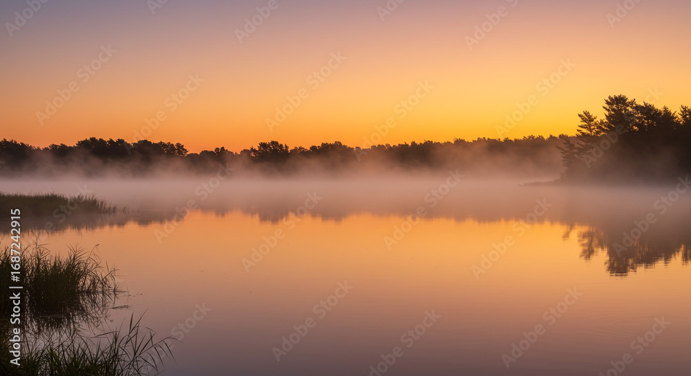 Fototapeta premium Serene misty lake at dawn with golden sky and peaceful reflections creating tranquil natural beauty