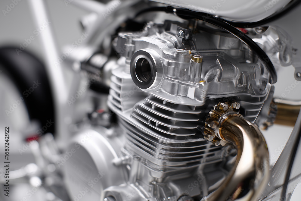 Fototapeta premium Modern racing motorcycle carburetor, shiny aluminum material, aerodynamic shape, precise pipe details, subtle dramatic lighting, white background