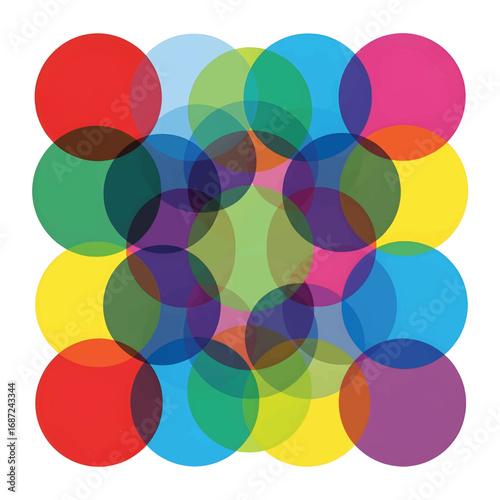Overlapping circles colorful translucent pattern vibrant arrangement playful composition abstract art
