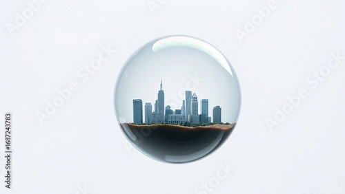 Conceptual art of a fragile city skyline with modern skyscrapers encapsulated within a glass bubble, symbolizing urban pollution and environmental concerns