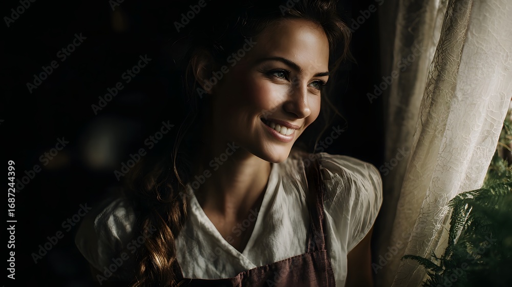 Fototapeta premium A woman smiles contentedly while looking out a window bathed in soft natural light with a plant nearby