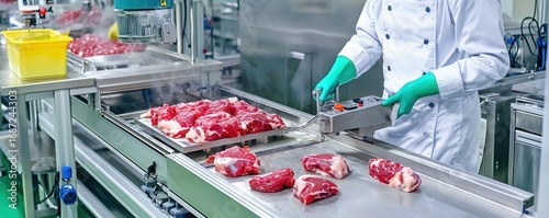 A chef in a food processing facility prepares cuts of meat on a stainless steel table, showcasing a modern kitchen environment.