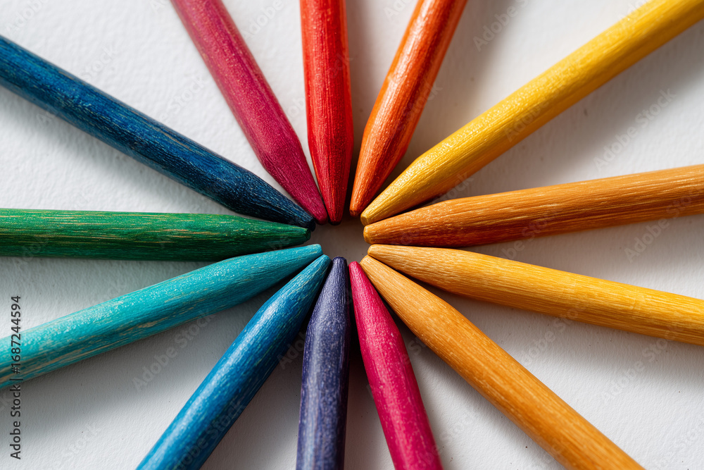 Naklejka premium Artistic flat lay of colorful Garba sticks arranged in a radial pattern. 