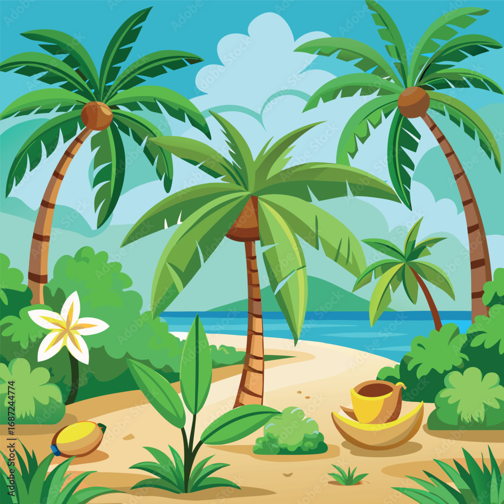 Obraz premium Palm tree. Cartoon tropical coconut palm and banana trees with green leaf and trunks, beach plants. Summer, exotic island, jungle nature vibe for travel, vacation, eco design. Isolated vector set